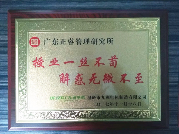 溫嶺市九洲電機制造有限公司贈與廣州正睿授業(yè)一絲不茍與，解惑無微不至牌匾